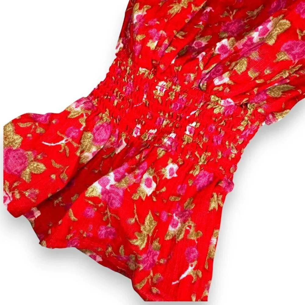 Free People Red Meant To Be Floral Puff Sleeve Blouse Large EUC
